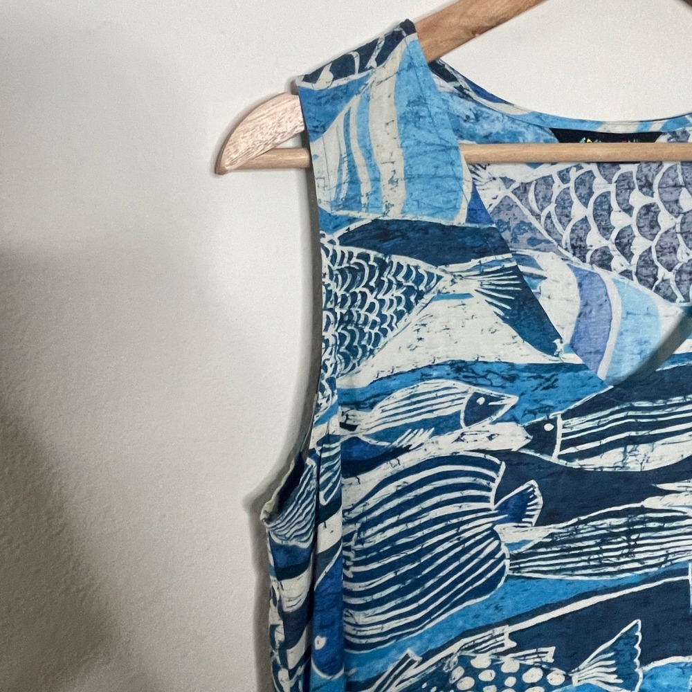 Jams World Womens Blue Fish Batik Print V-Neck Ruffle Hem Shift Dress Sleeveless - Picture 6 of 10